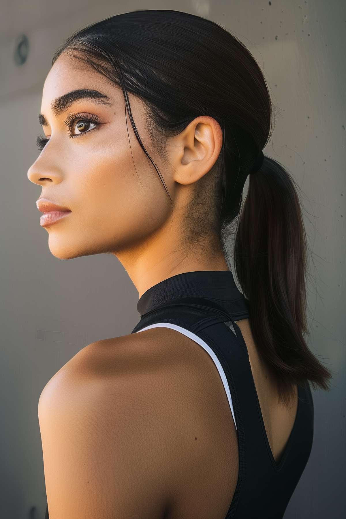 Woman with a sleek, low ponytail at the nape, ideal for a clean and stylish look suitable for both athletic and professional environments.