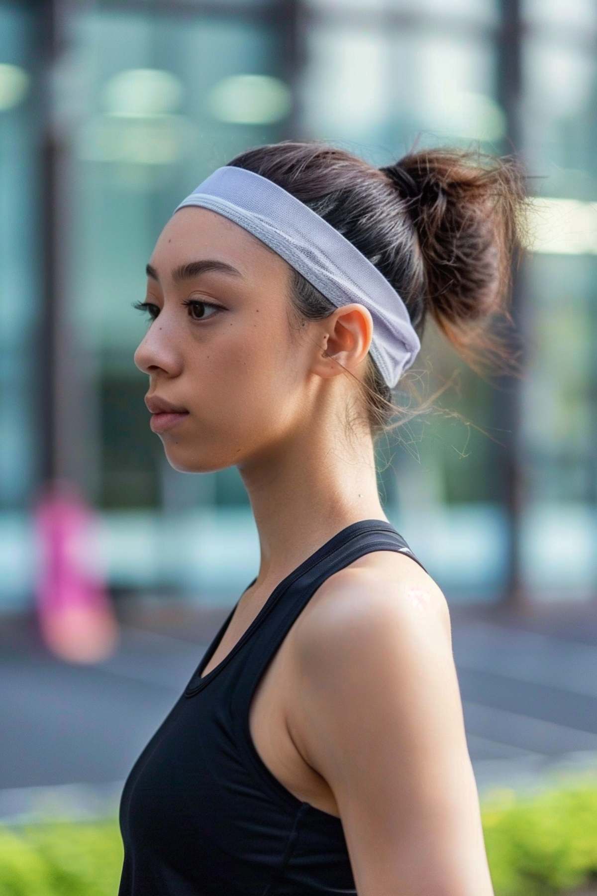 Sporty high messy bun paired with a light gray headband, designed to keep hair tidy and focus sharp during physical activities.