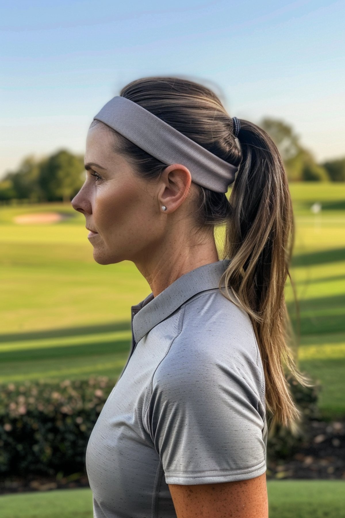 Sporty high ponytail with headband for golfing