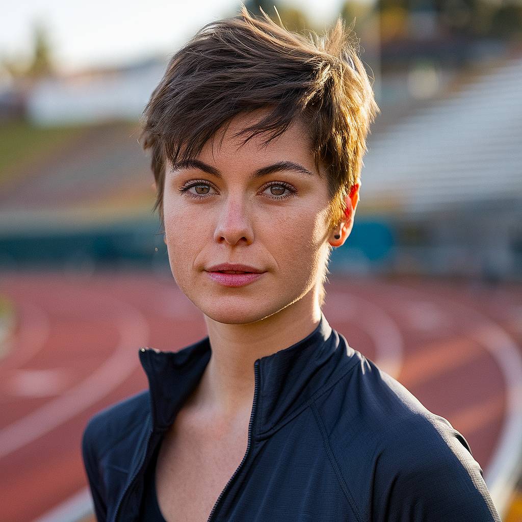 Sporty pixie cut with tousled layers, adding texture and movement for an active, low-maintenance style