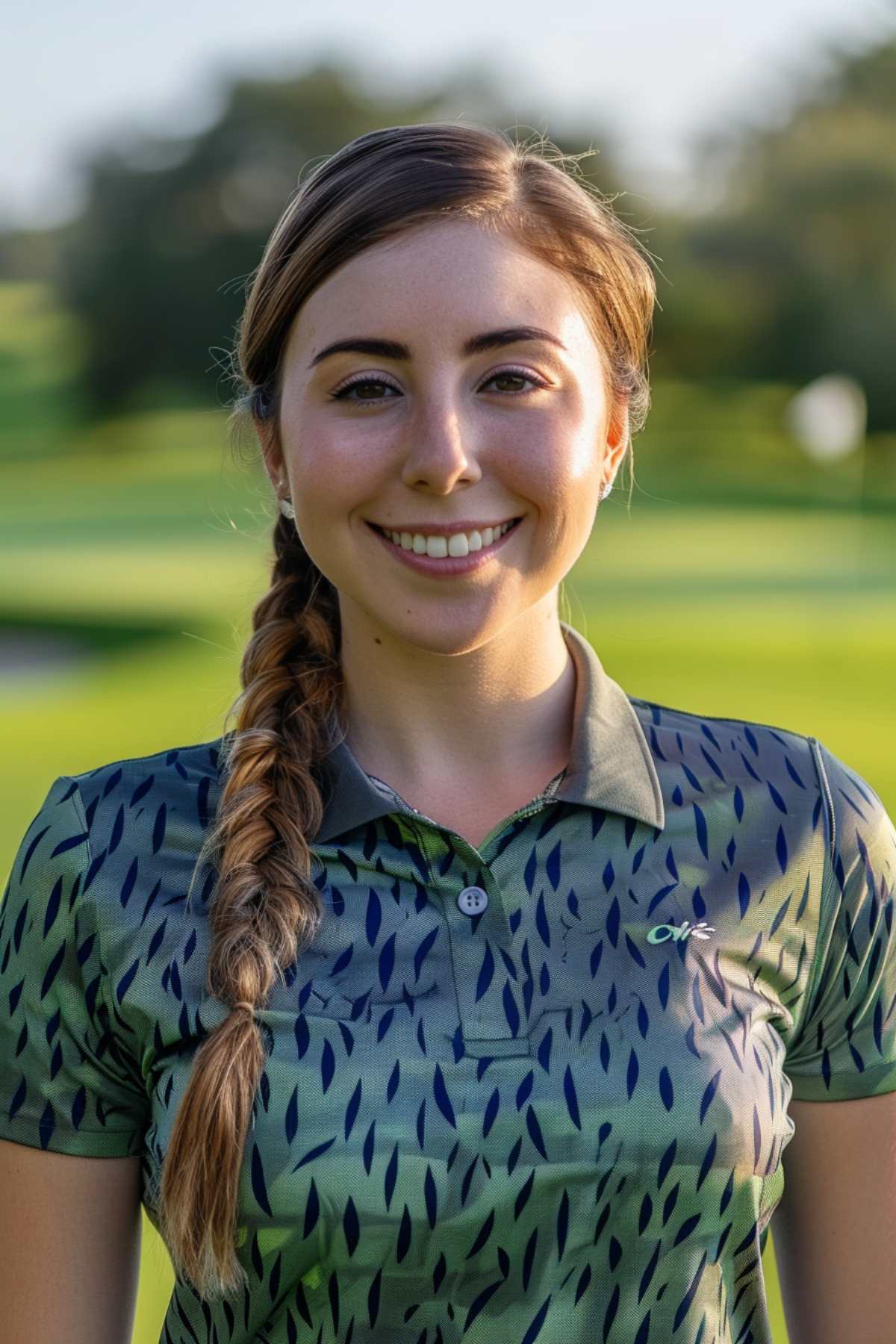 Woman with sporty side braid, golf hairstyle