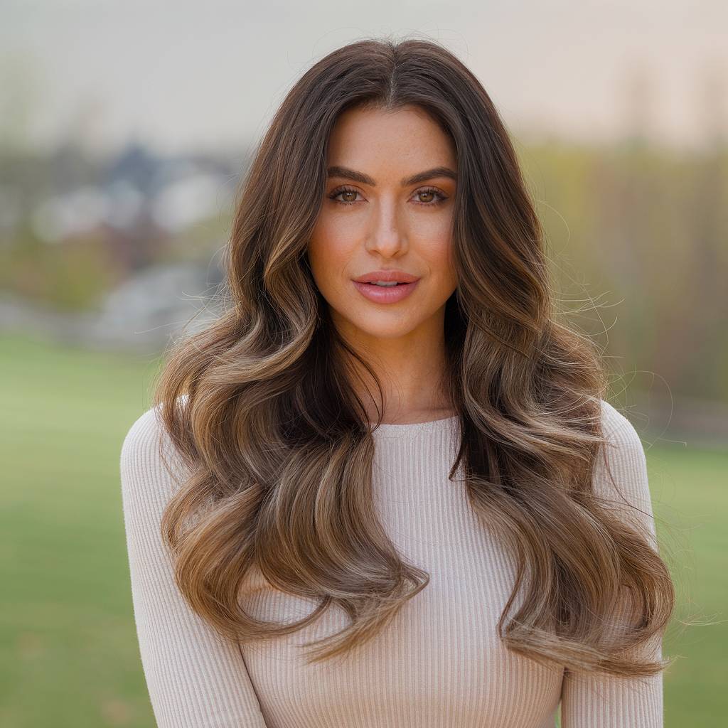 Long loose waves with brunette balayage, effortless spring break hairstyle