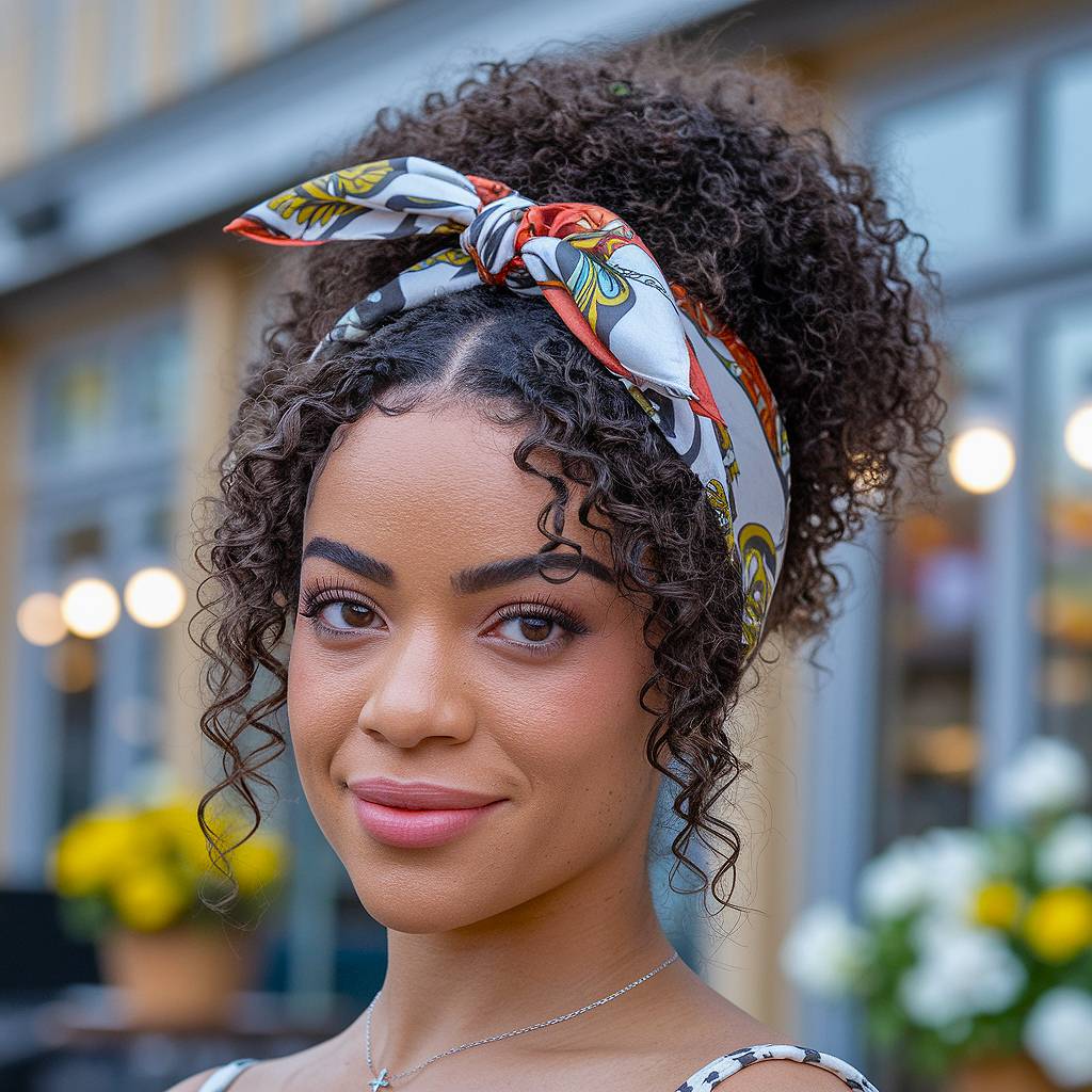 High curly puff with colorful scarf, spring hairstyle for Black women with natural curls