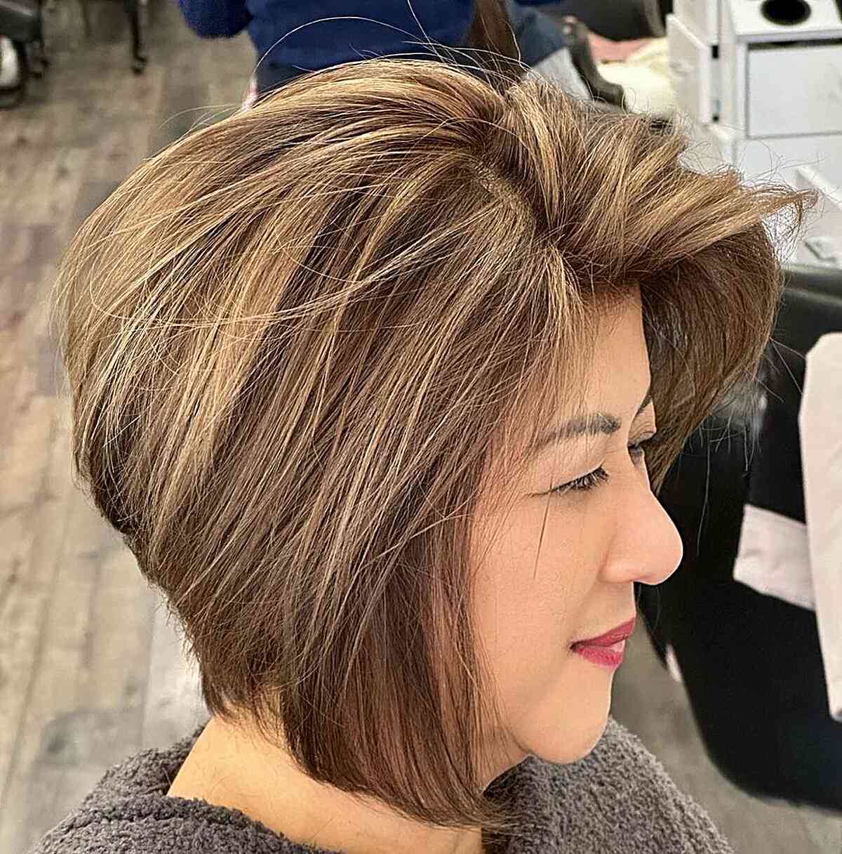 Stacked Bob with Balayage and Layers for older ladies with fine hair