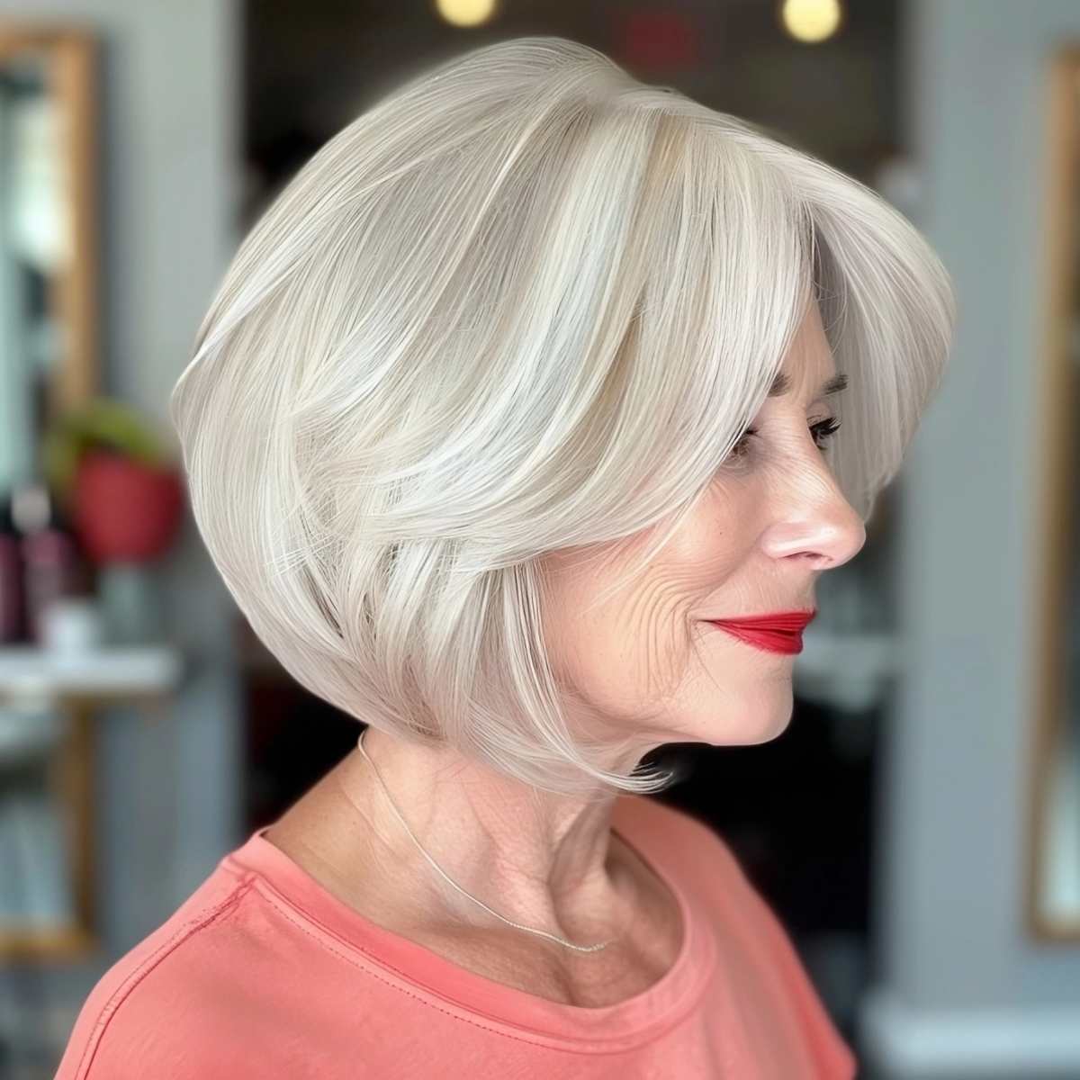 Stacked bob with fringe for older women with thin hair