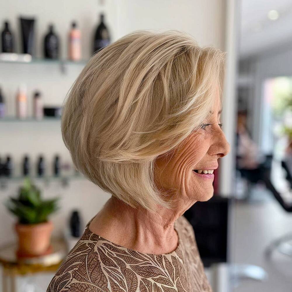 Voluminous stacked bob with soft layers, adding height and fullness at the crown