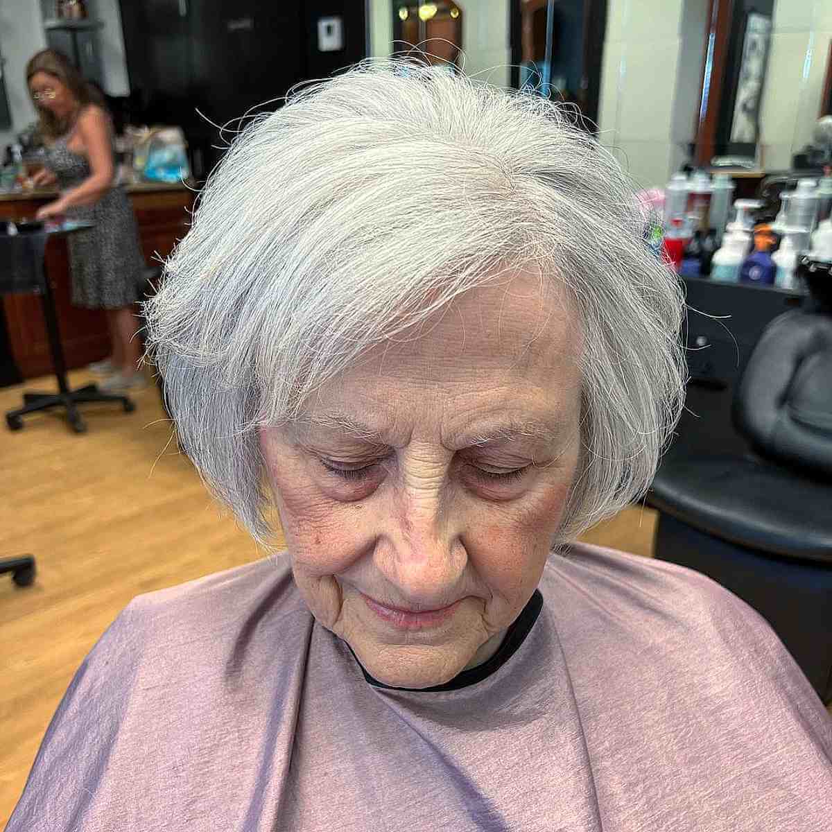 Stacked Bob with Side Bangs for White Hair on Older Women