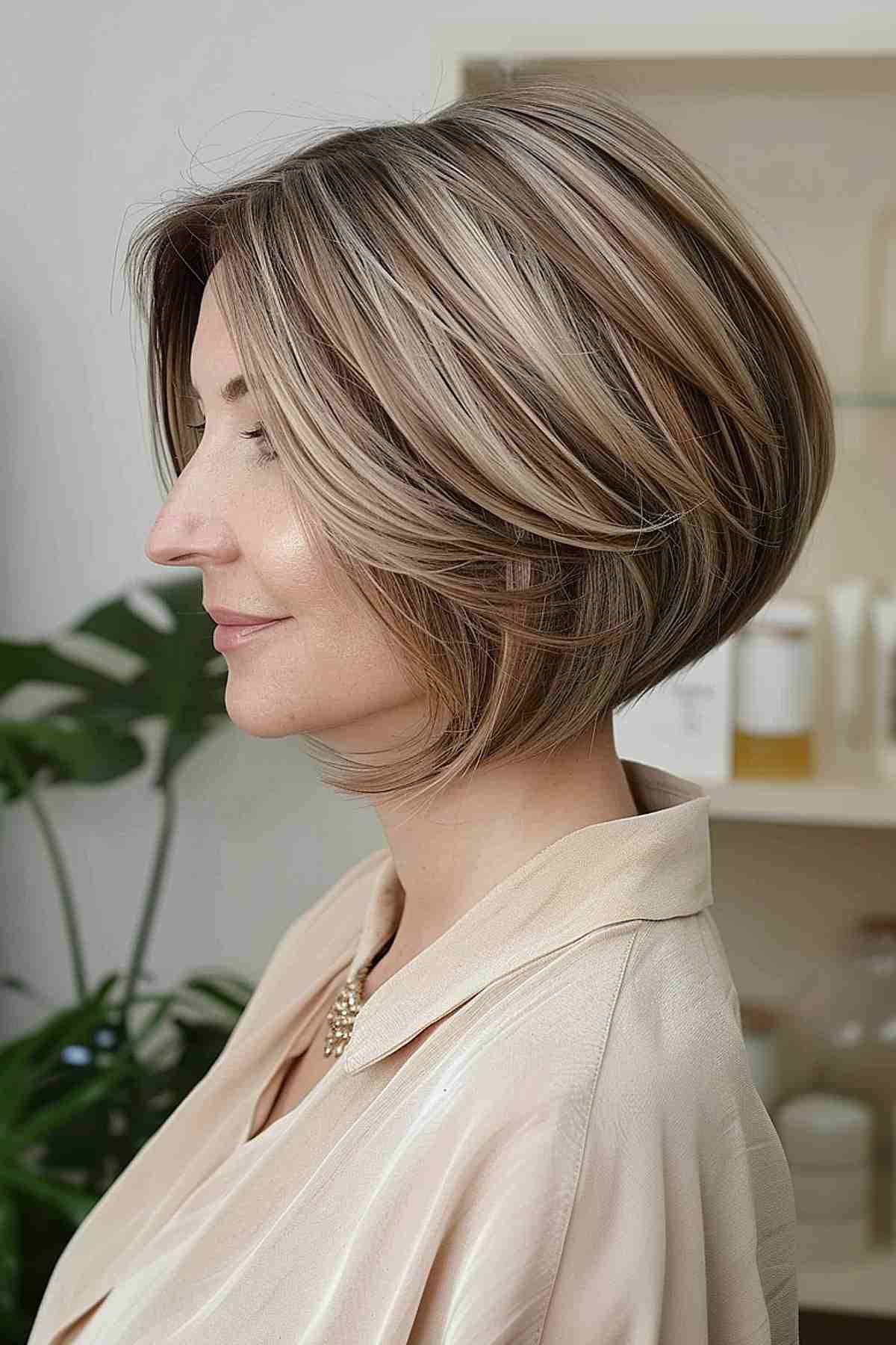 Stacked feathered bob haircut with voluminous layers and soft, airy texture