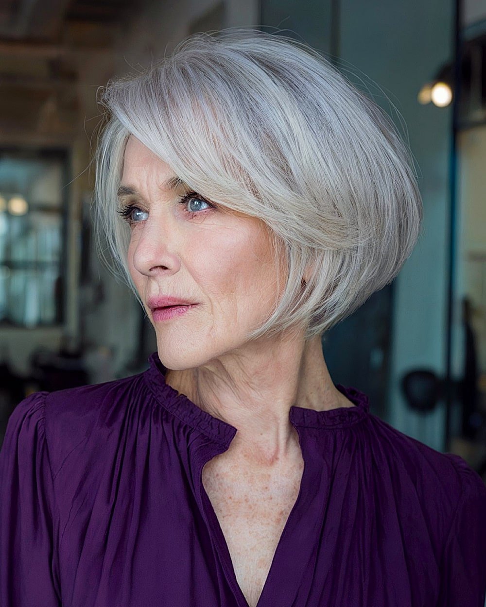 Stacked bob hairstyle with side part and silvery highlights for women over 60