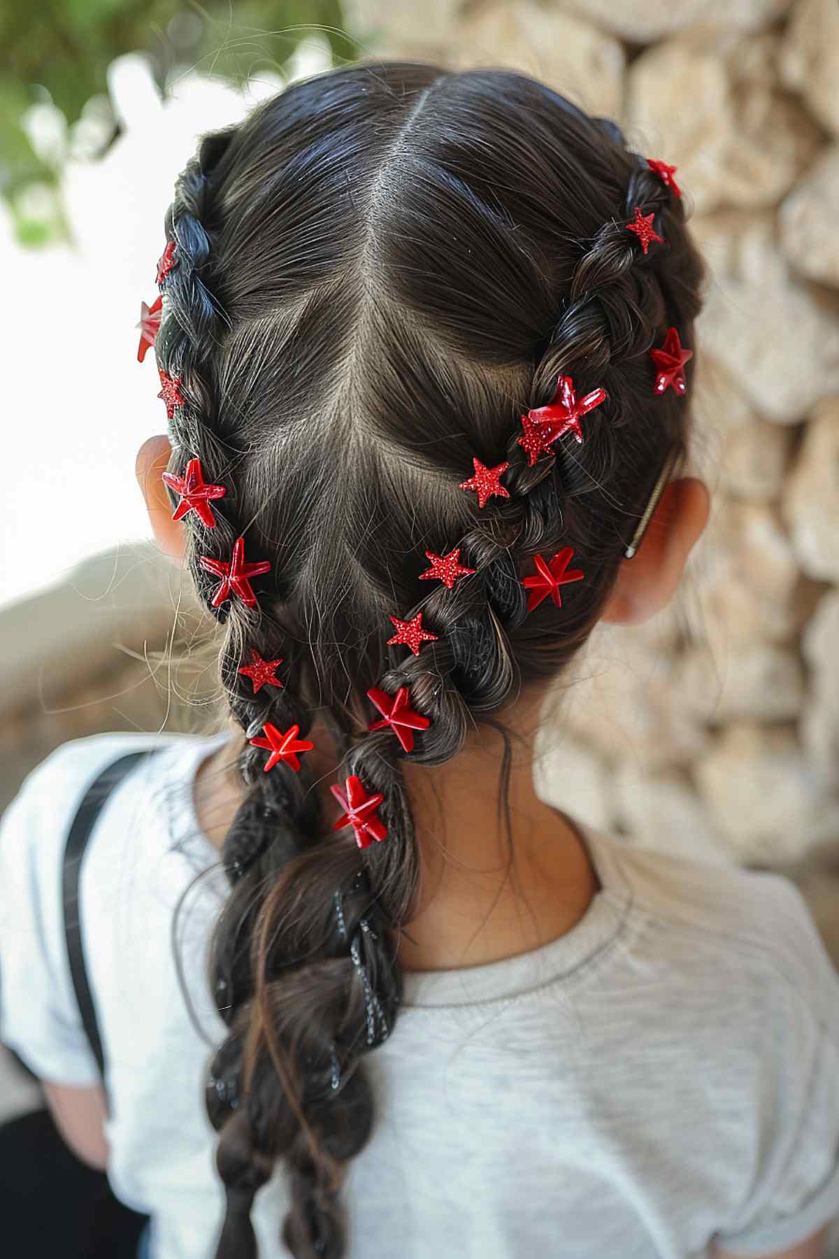 Two braids with red star clips for kids on 4th of July