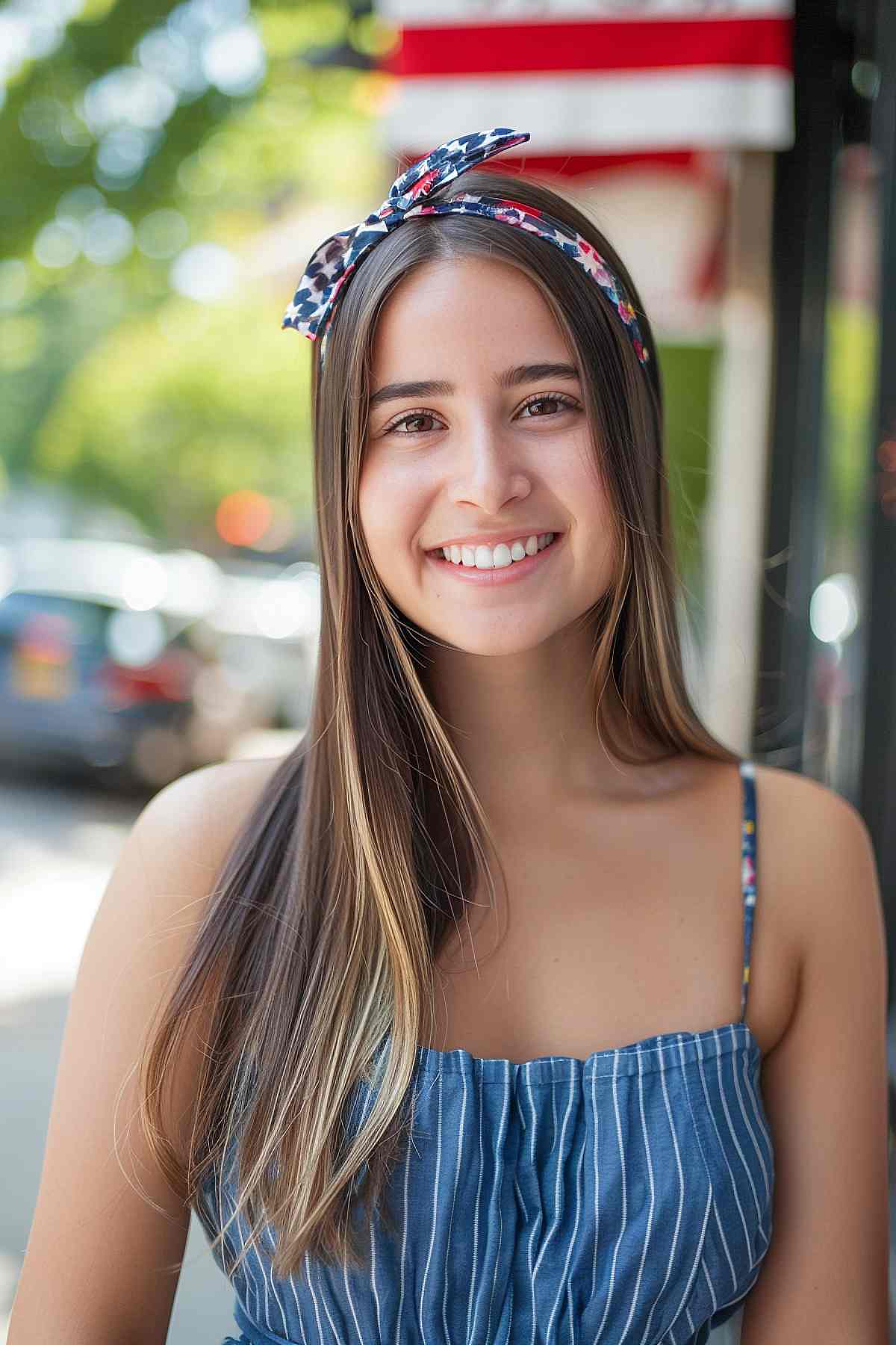 Woman with long, straight hair wearing a star-spangled headband for 4th of July