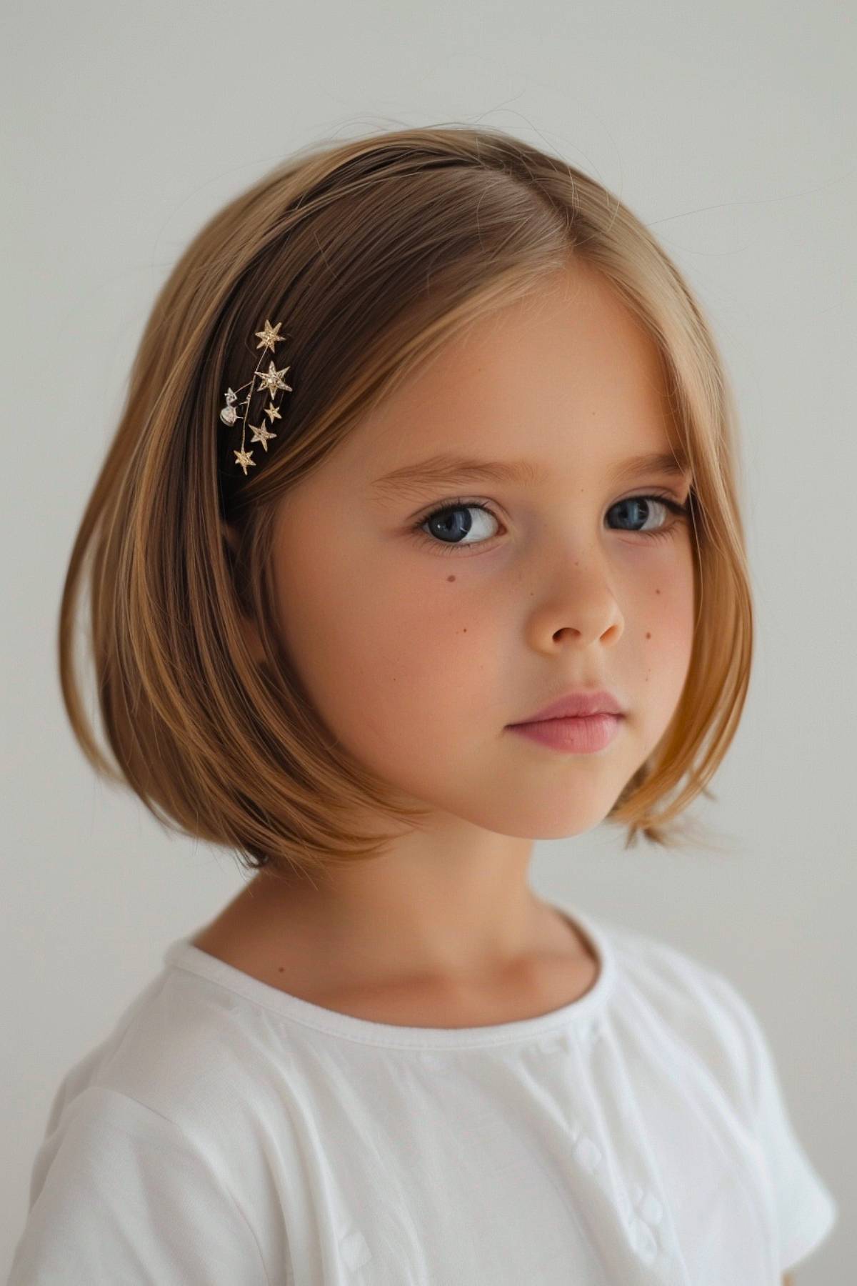 Chin-length bob hairstyle for girls with star-shaped hairpins