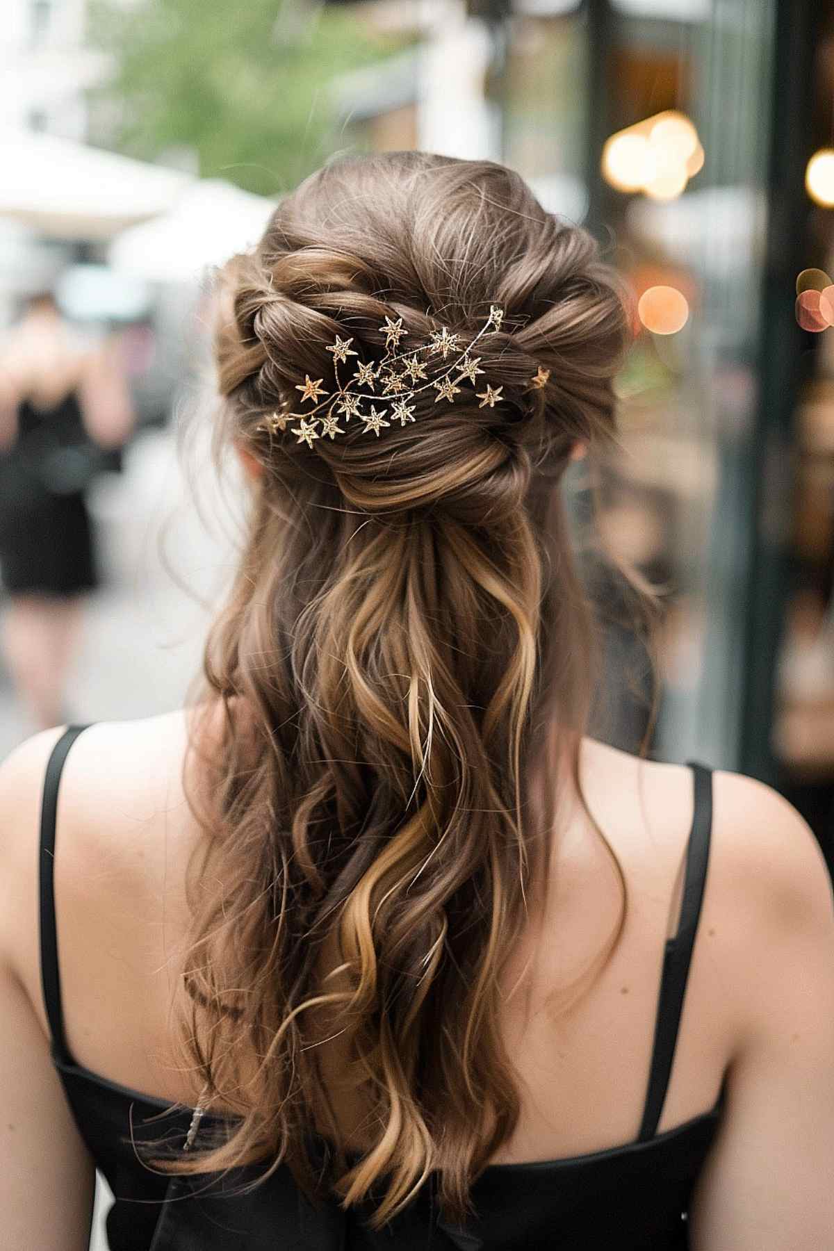 Wavy hair in a half up, half down style with a star accessory for 4th of July