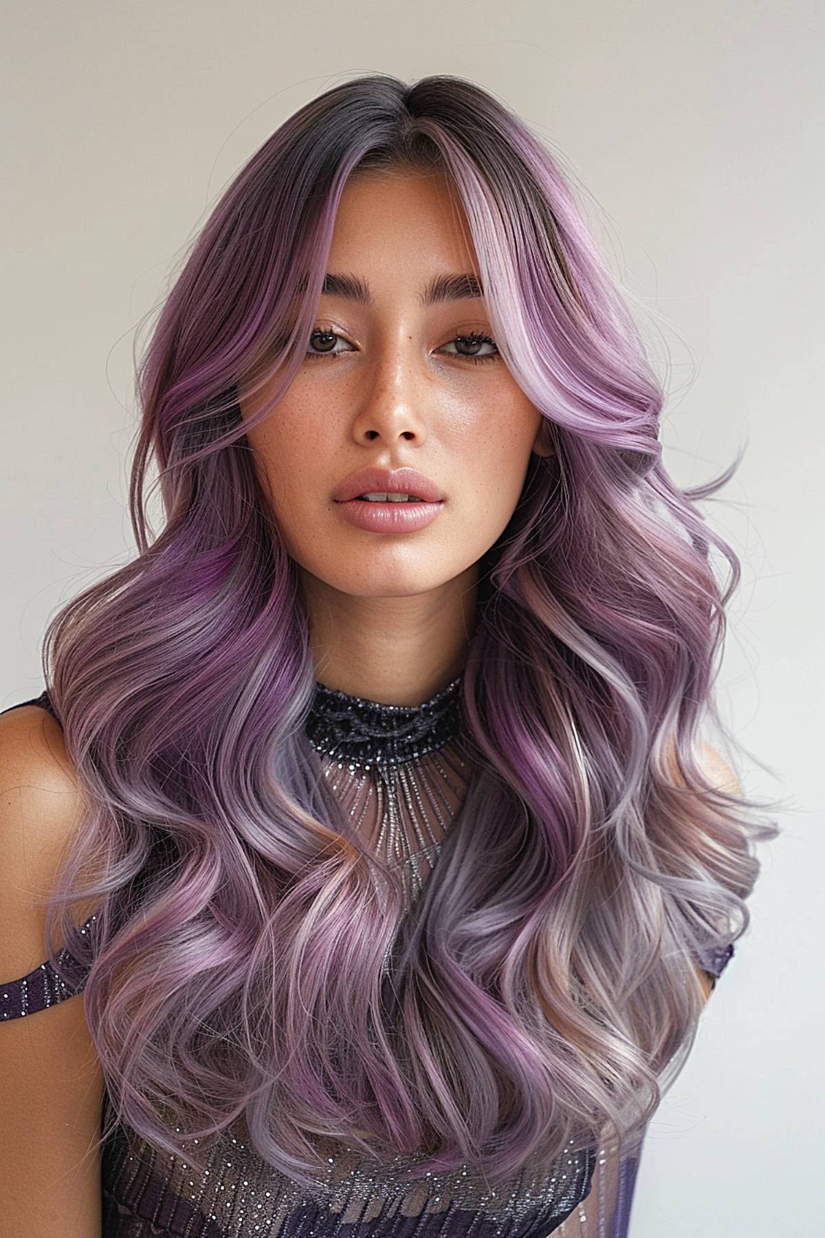 Lavender-to-silver balayage with long layered curls