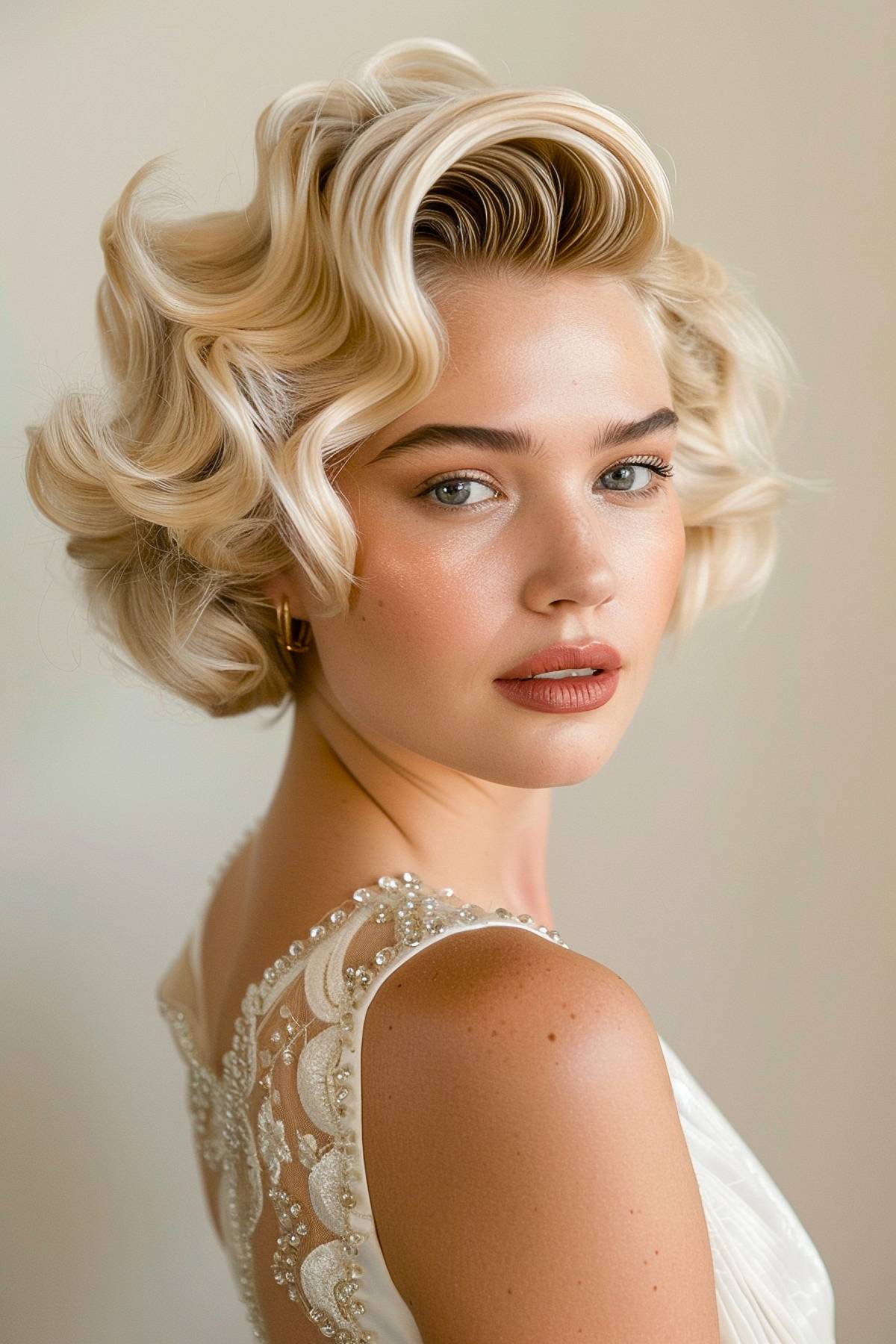 Starlet pixie hairstyle featuring soft curls and timeless elegance