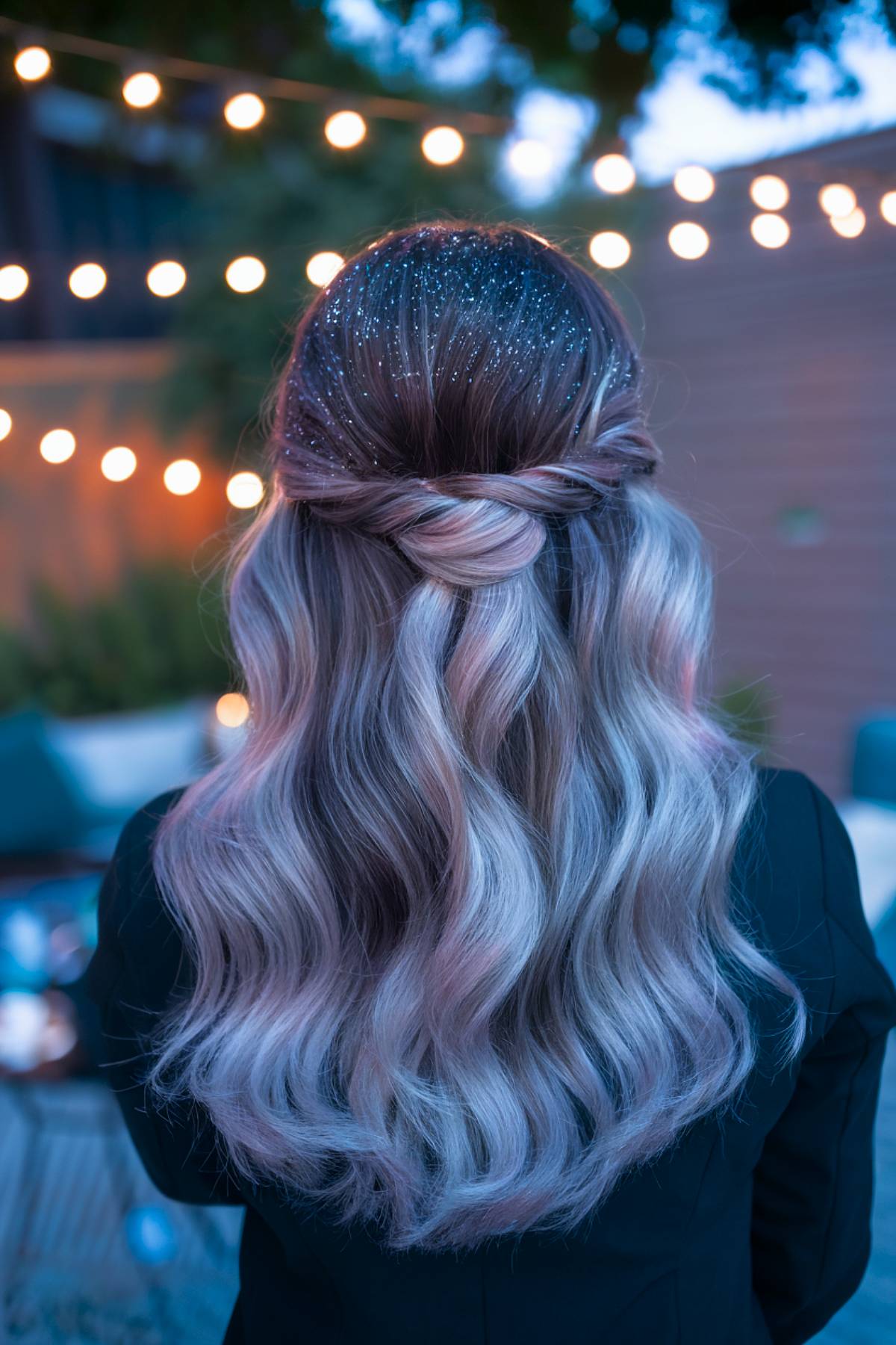 Silver-blonde waves with a soft half-up twist and glitter roots for a celestial-inspired glam hairstyle