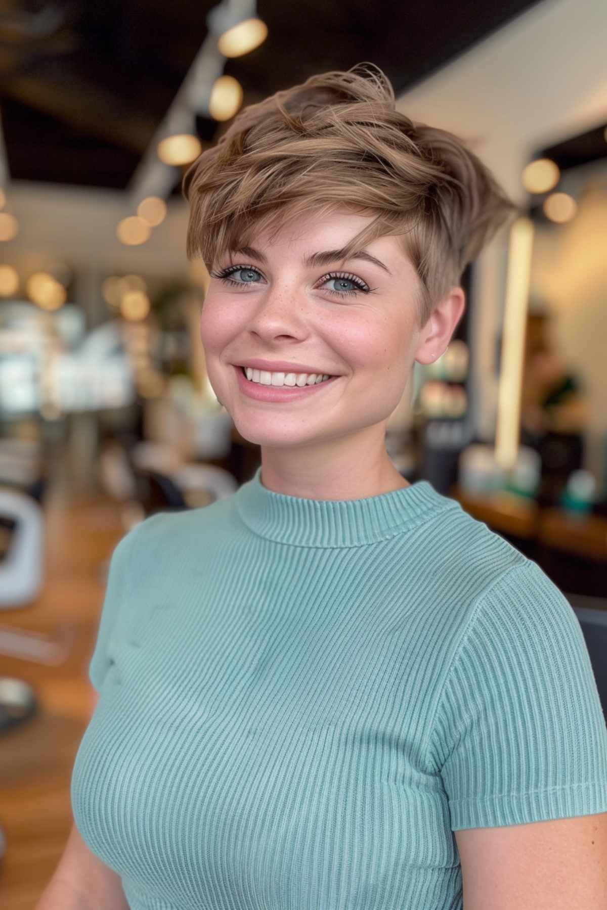 Straight and tousled short haircut with layers for natural volume and easy styling