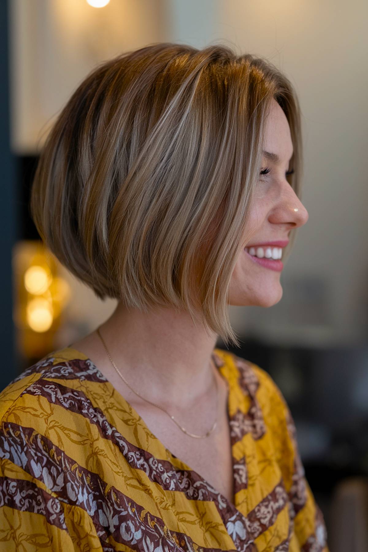 A sleek and polished straight angled bob with soft layering, perfect for a refined and professional look