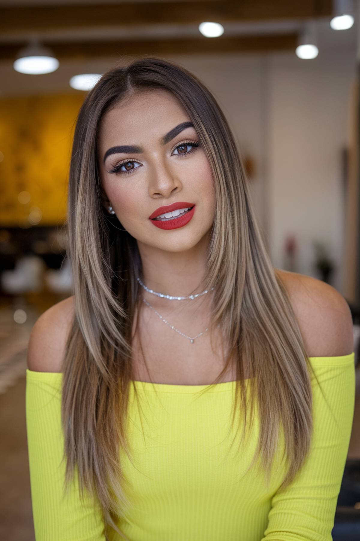 Sleek, straight long hair with subtle layers and an ash-blonde balayage, perfect for a modern Latina look