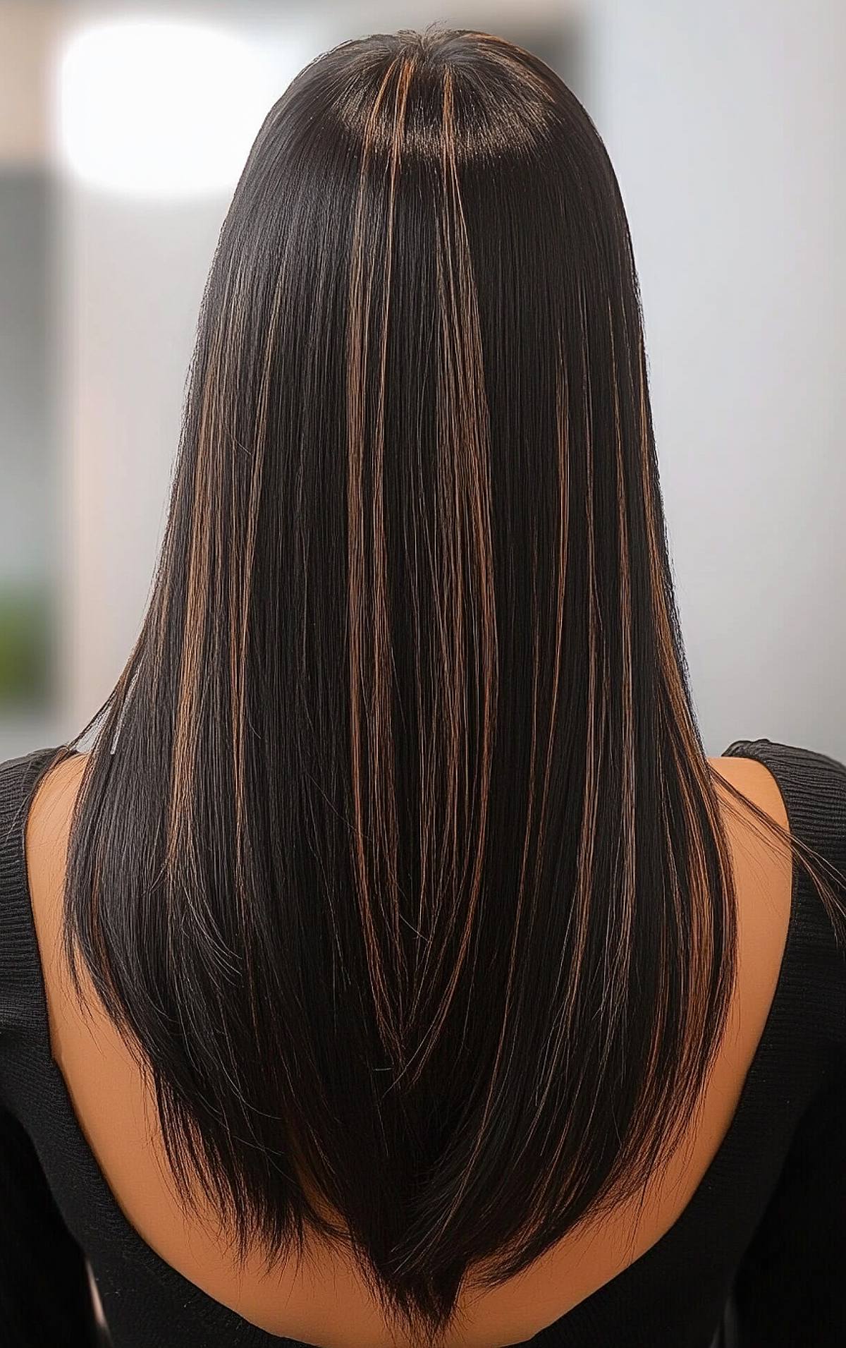 Straight black hair with thin caramel highlights for a sleek, modern look