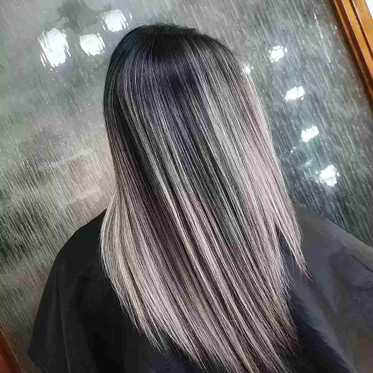 Straight Black V-Cut Hair with Grey Balayage Strands
