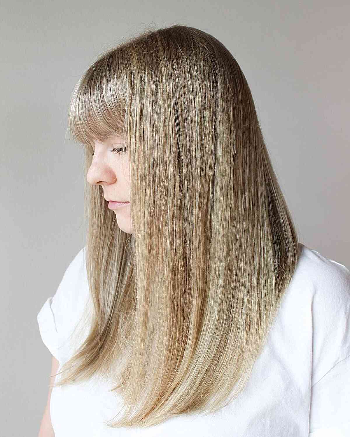 Chest-Length Straight Blonde Balayage Hair with Bangs and Shadow Root
