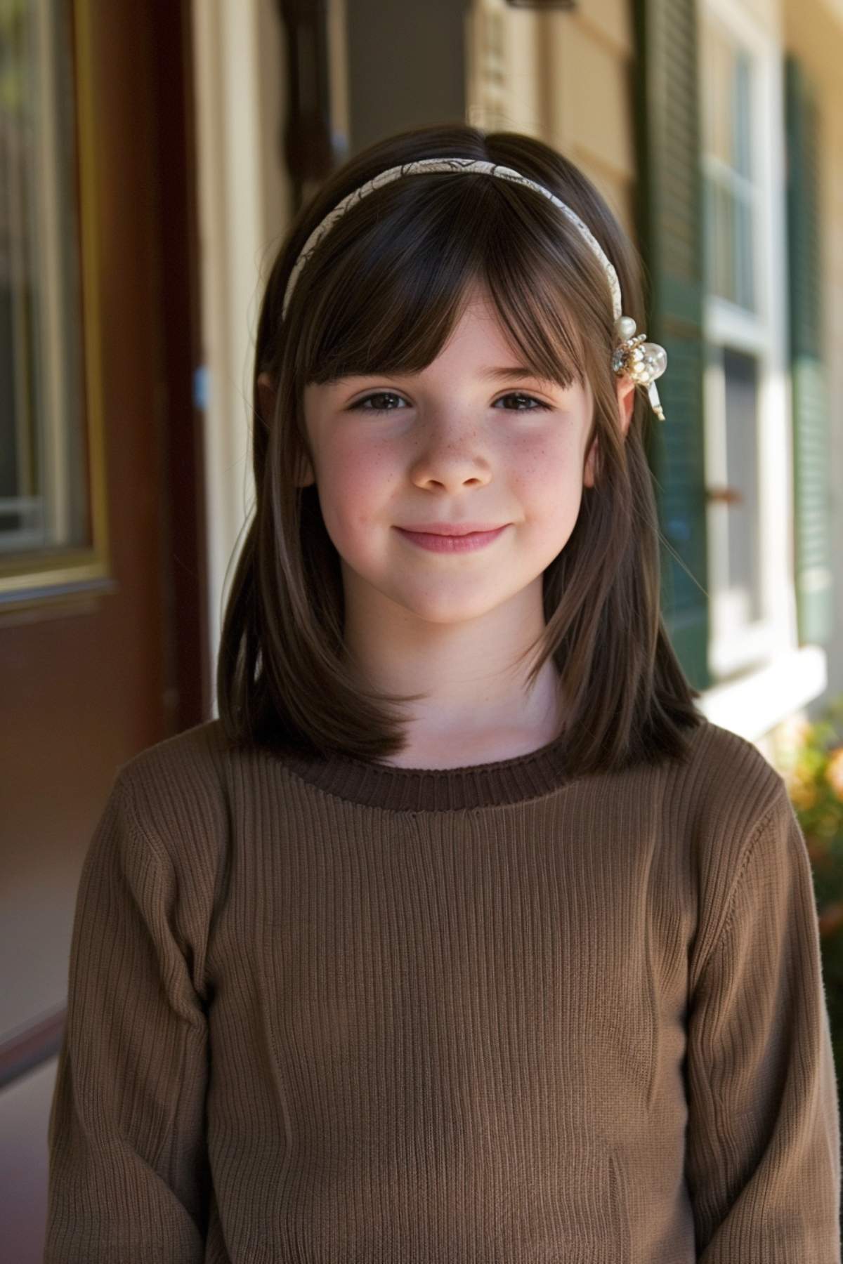 Young girl with a straight bob, curtain bangs, and a decorative headband, wearing a brown sweater