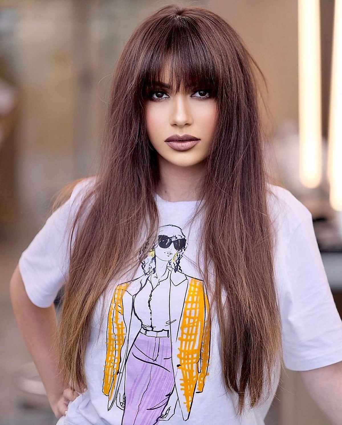 Straight Brown Hair with a Long Blunt Fringe