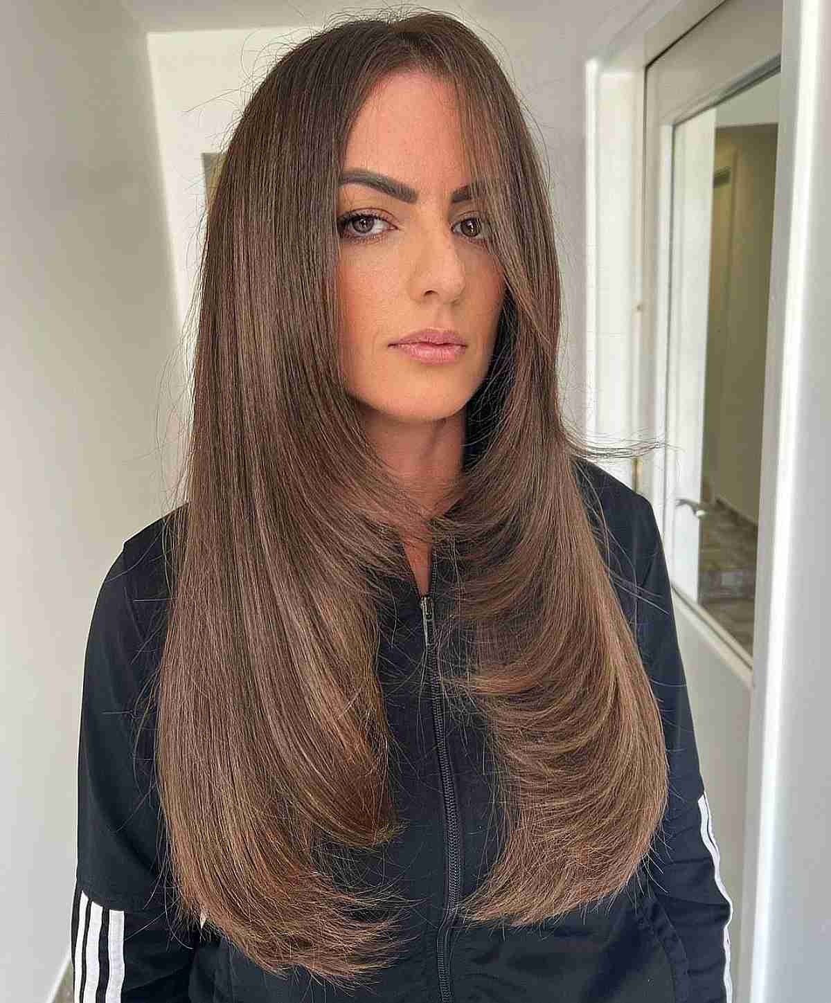 Straight Brunette Hair with Wispy Layered Ends