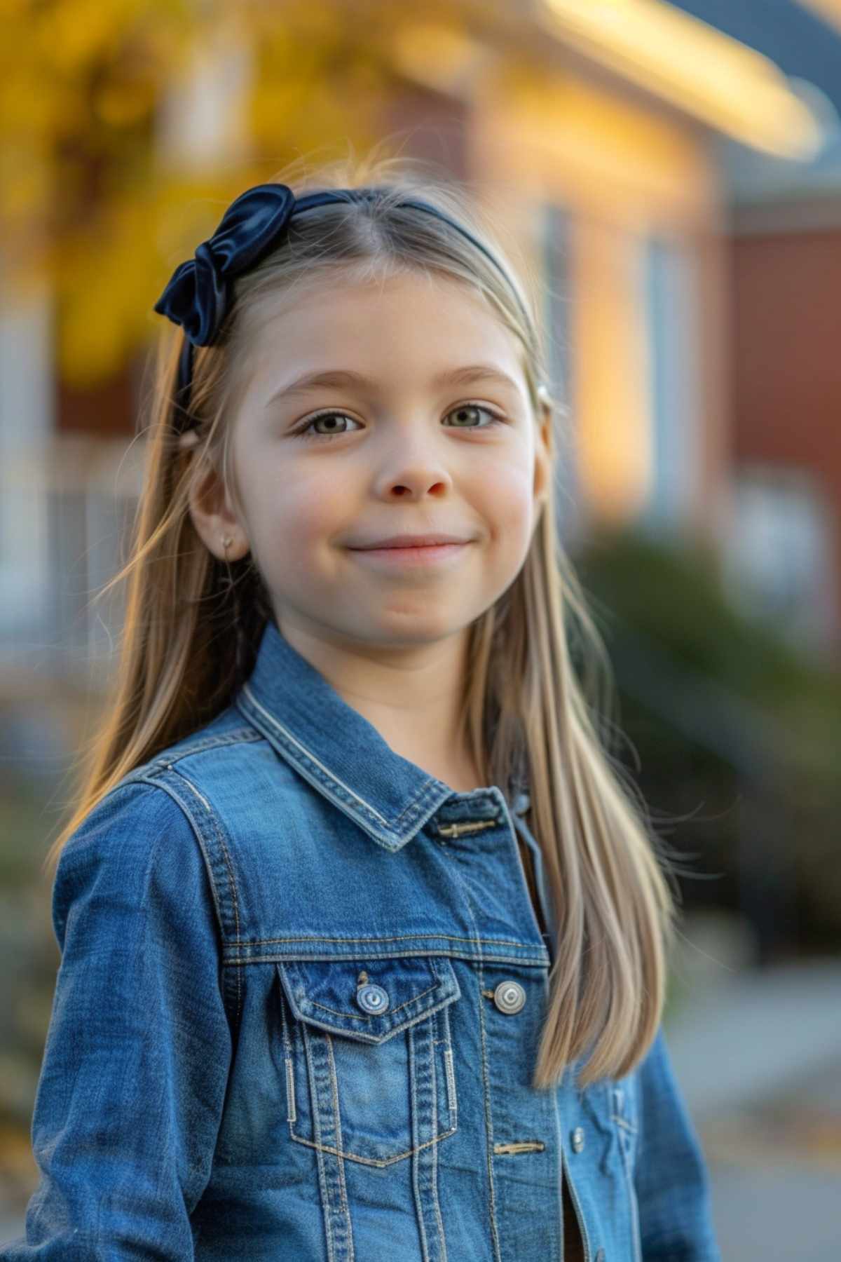 Young girl with straight hair and a bow headband, wearing a denim jacket