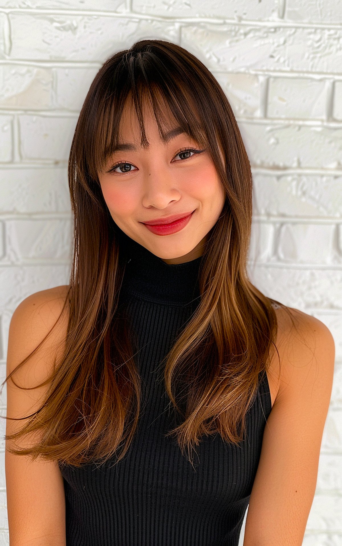 Long straight hair with face-framing bangs for Asian women