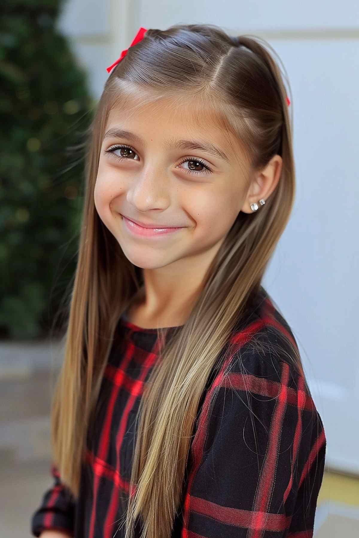 Young girl with straight hair, side part, and a red bow