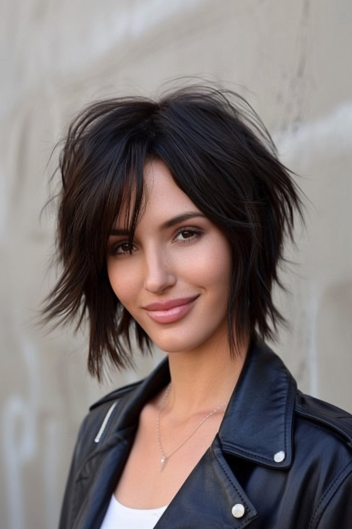 Woman with a sleek Wolf Cut on straight hair, showing off her textured layers that make the style both chic and spirited.