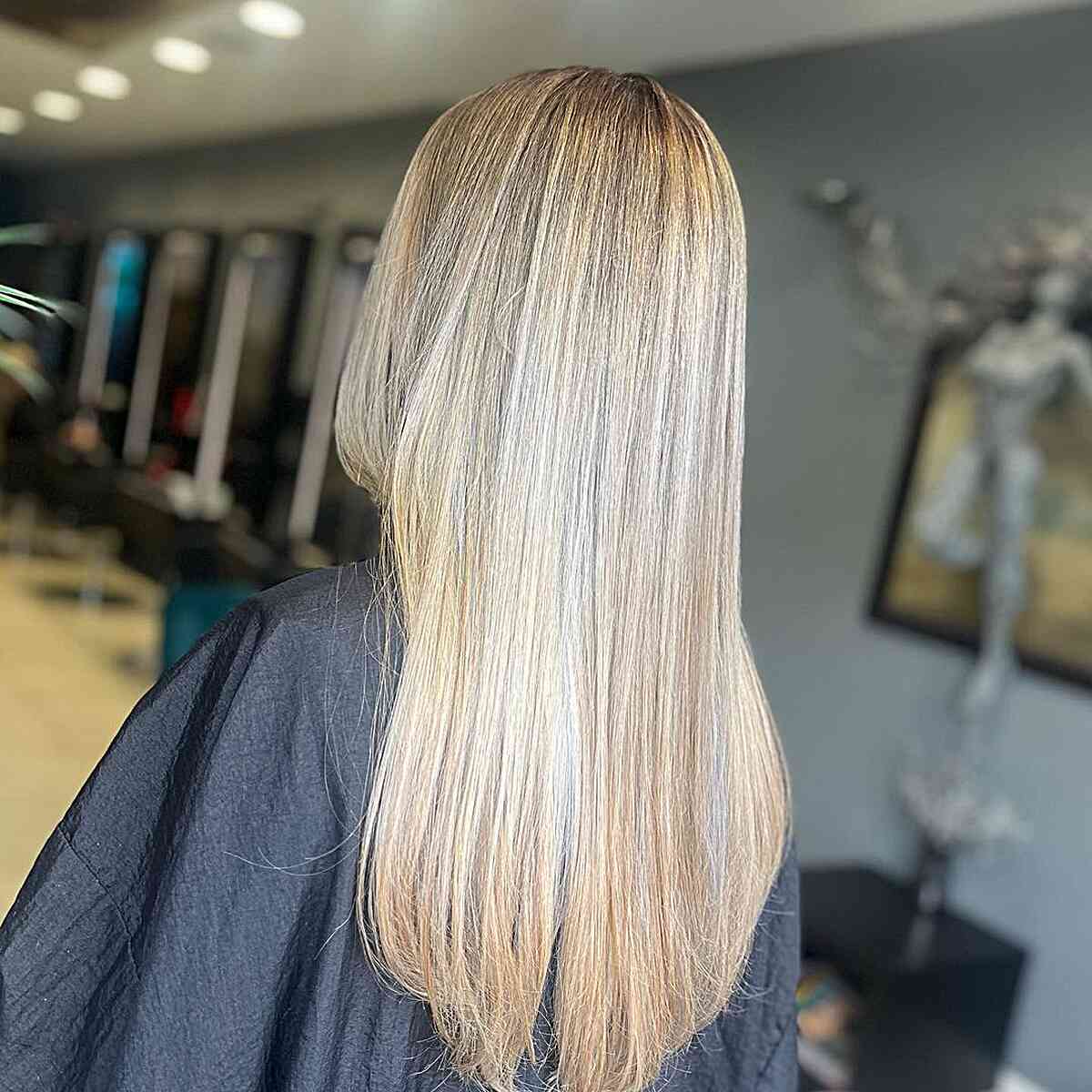 Long Straight Hair with Frost Blonde Balayage and Brown Roots