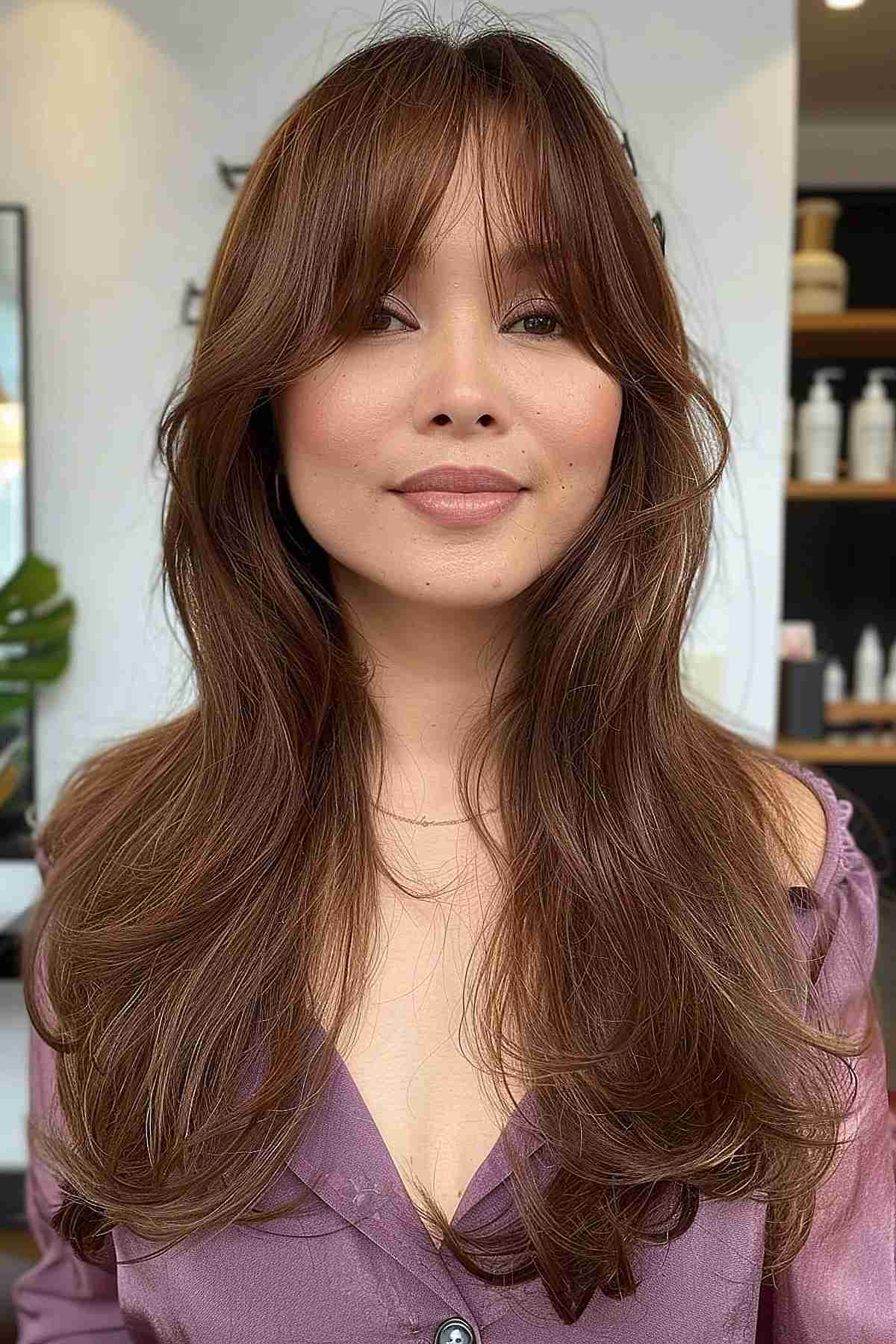 Woman with straight hair, styled with long layers and bangs for a sleek look.