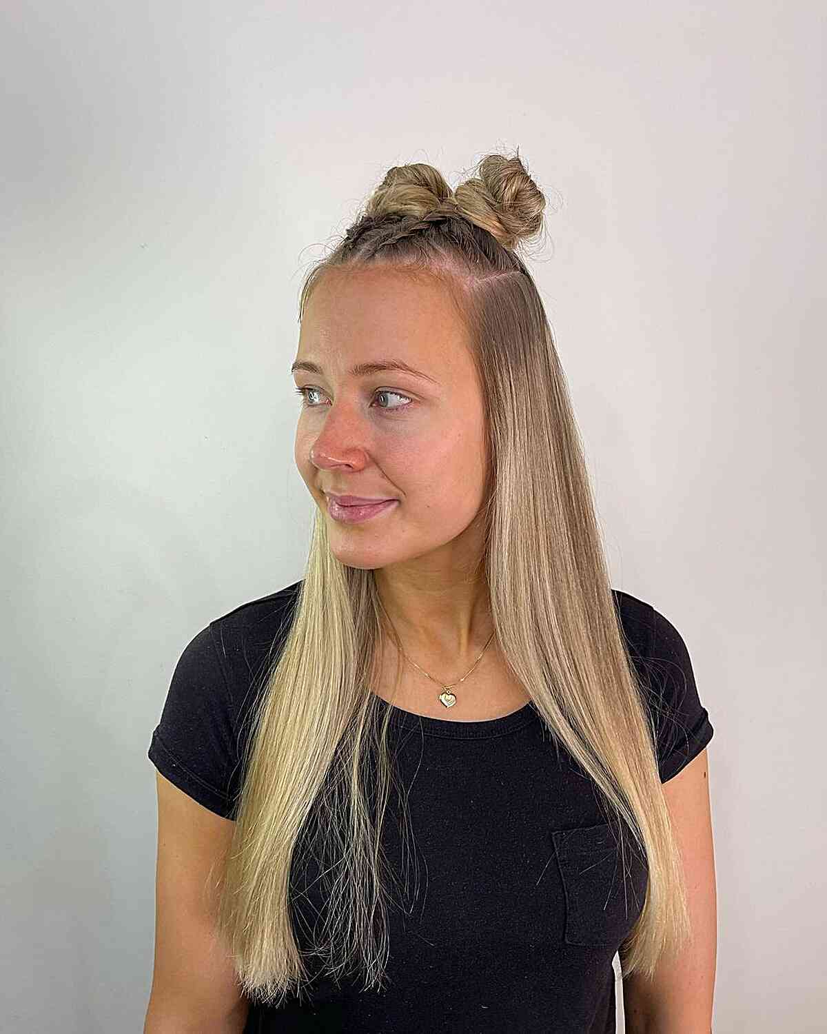 Long-Length Straight Hair with Top Braids and Buns for Festivals