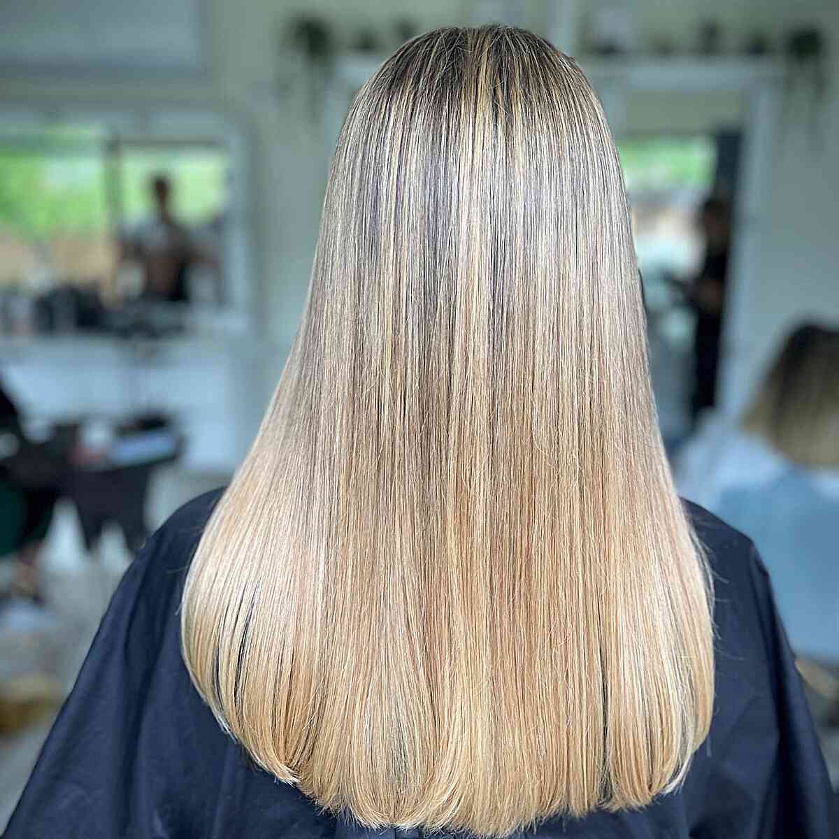 Mid-Long Straight Haircut with Light Golden Blonde Balayage and Root Melt