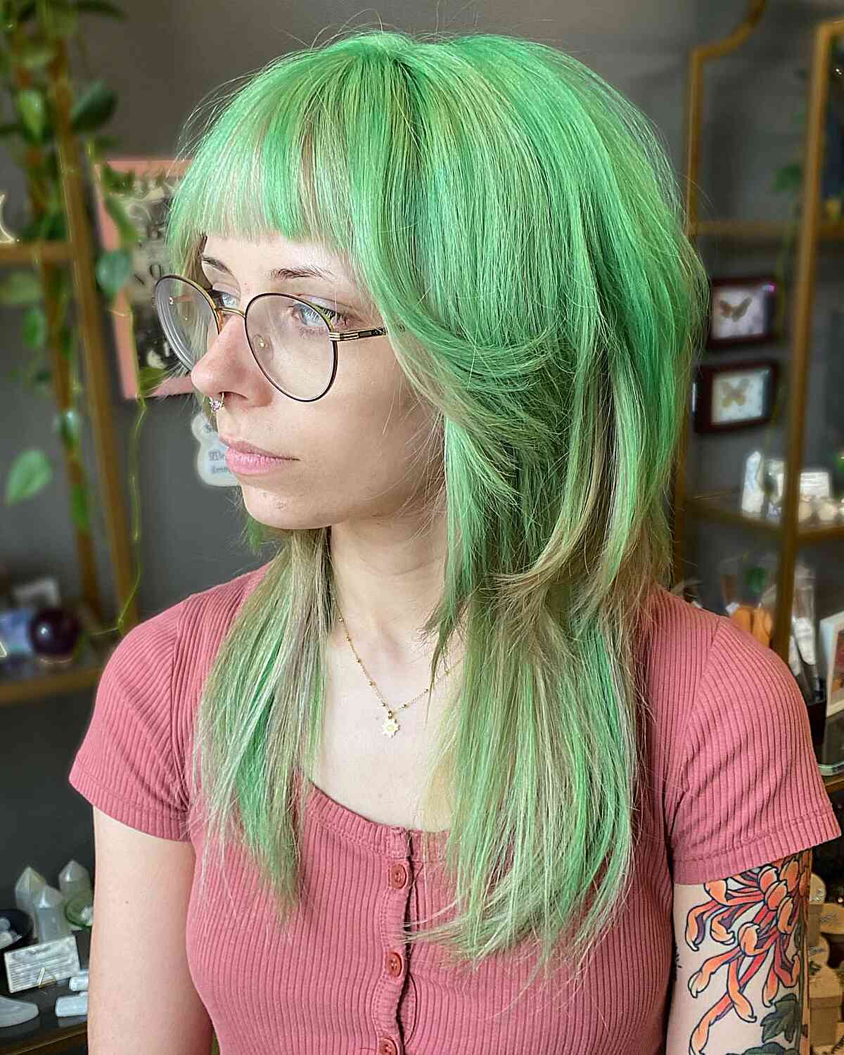 Mid-Length Straight Jellyfish Shag with Blunt Bangs and Bold Green Color