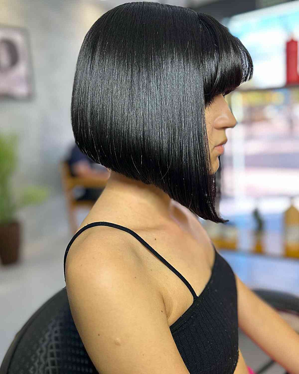 Straight Jet Black A-Line Bob with Bangs