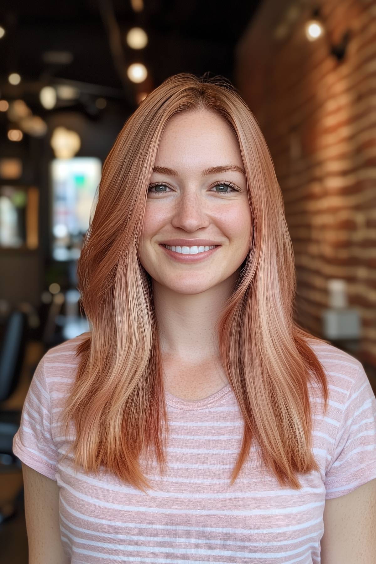 Straight light copper hair with soft layers on a woman