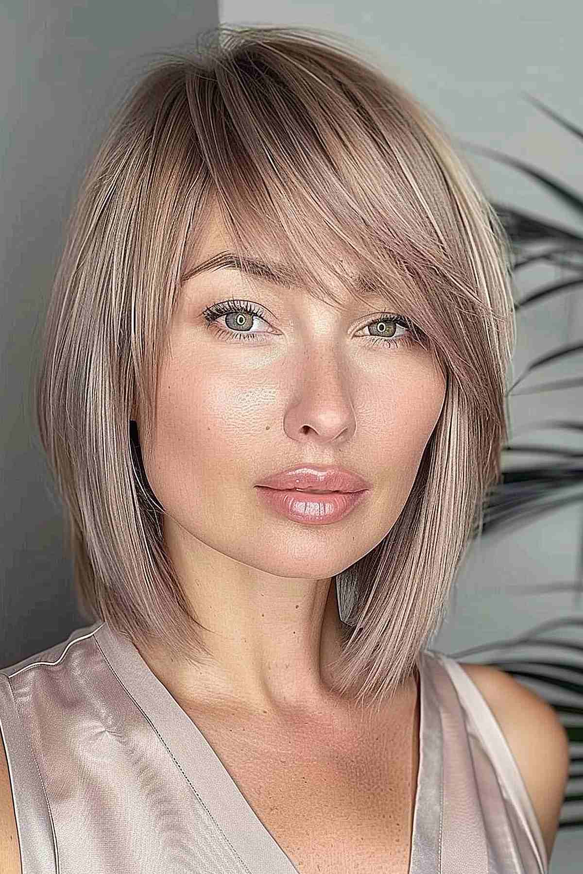 A woman with a straight bob and slanted bangs.