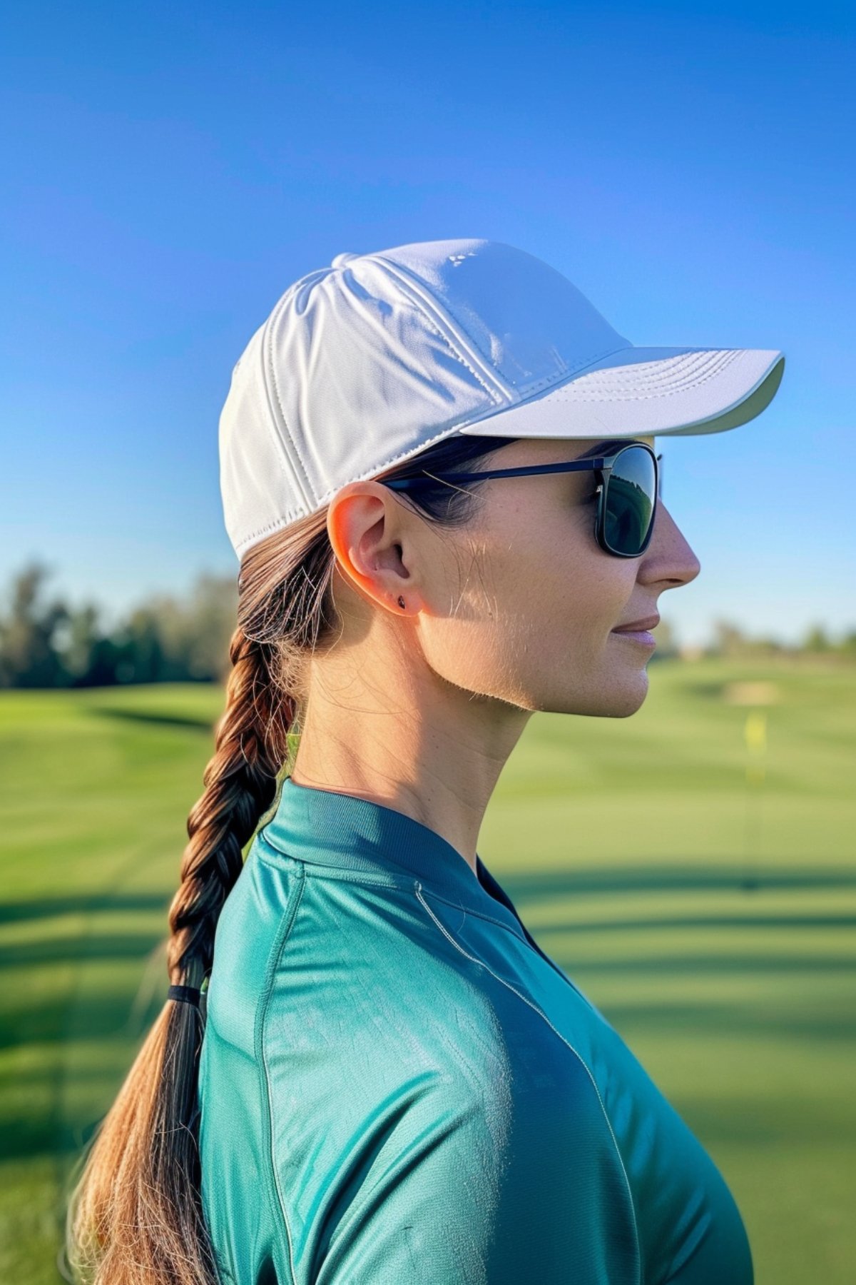 Woman with straight long hair and cap, golf hairstyle