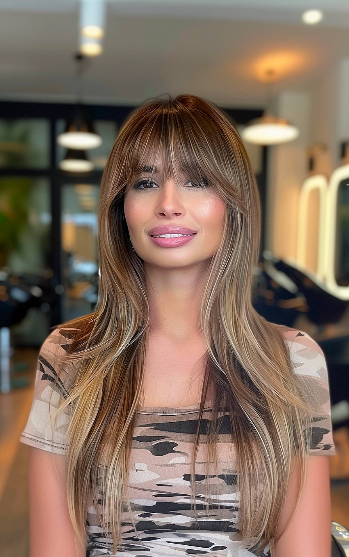 Long straight layered hair with fringe