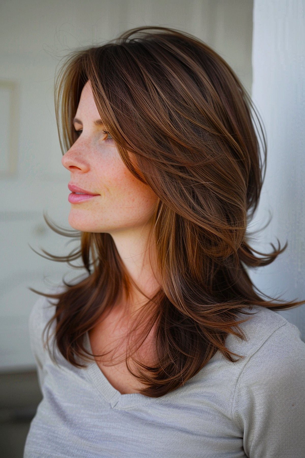 Straight medium layered haircut with polished ends