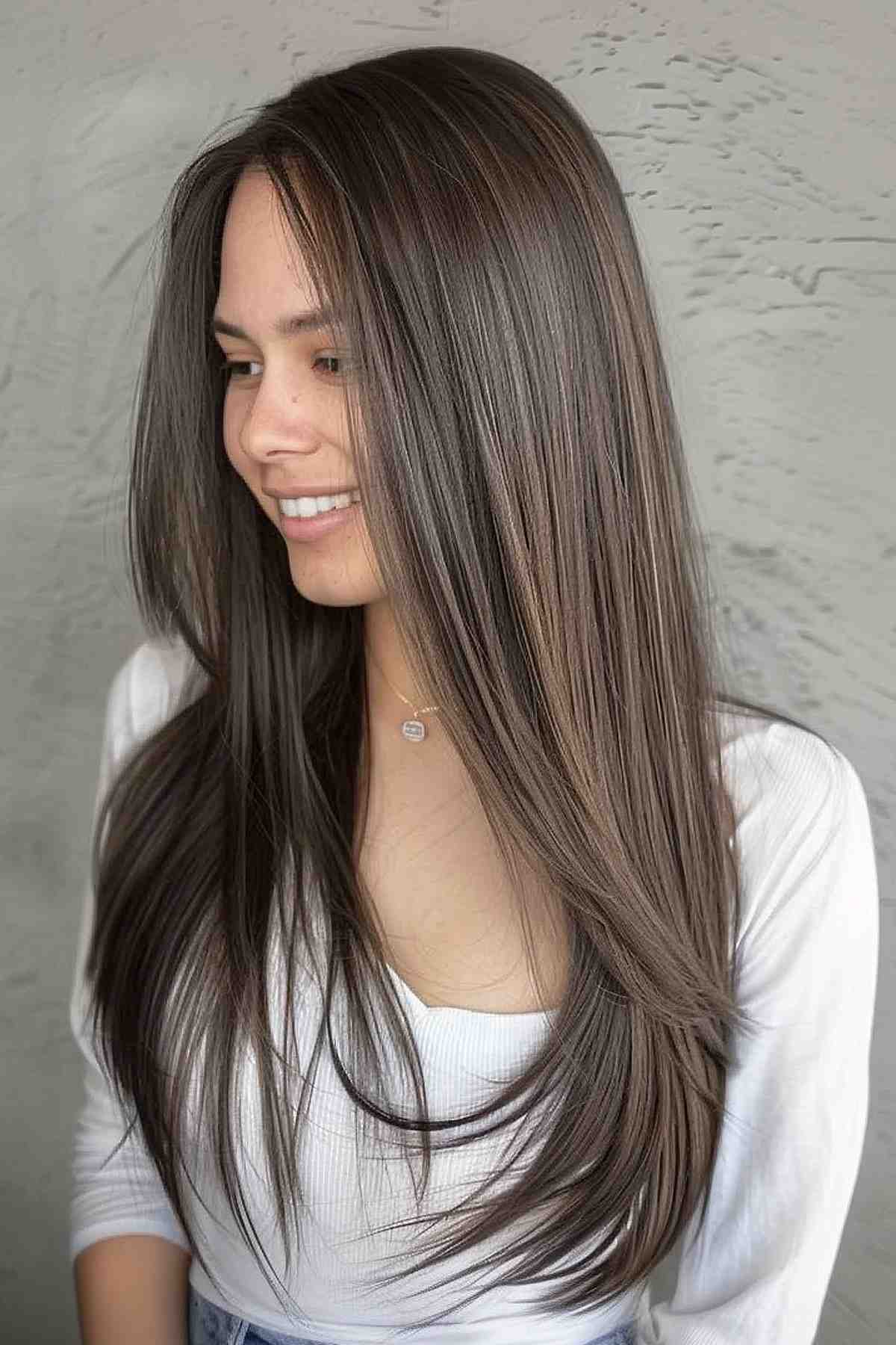 Straight, sleek long hair in a uniform mushroom brown shade with subtle highlights, providing a chic and low-maintenance look.