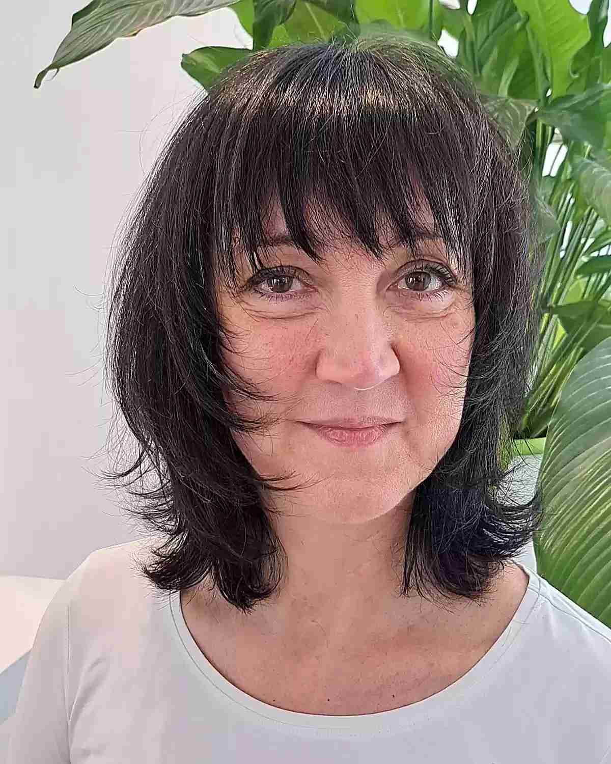 Shoulder-Length Straight Shag with Spiky Layers and Bangs for Women Aged 50 and up