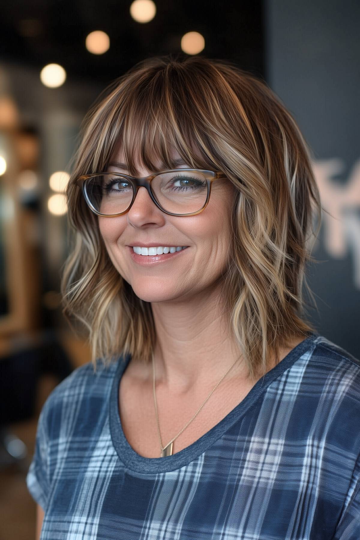 Woman with a straight shaggy lob haircut and blunt bangs, featuring soft highlights