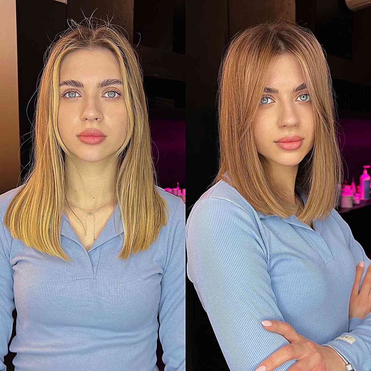 Straight Shoulder-Grazing Light Brown Bob with a middle part