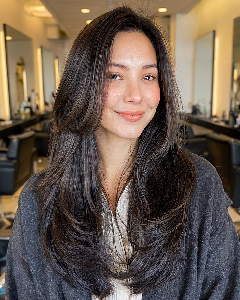 Long straight hairstyle with movement layers and natural density control