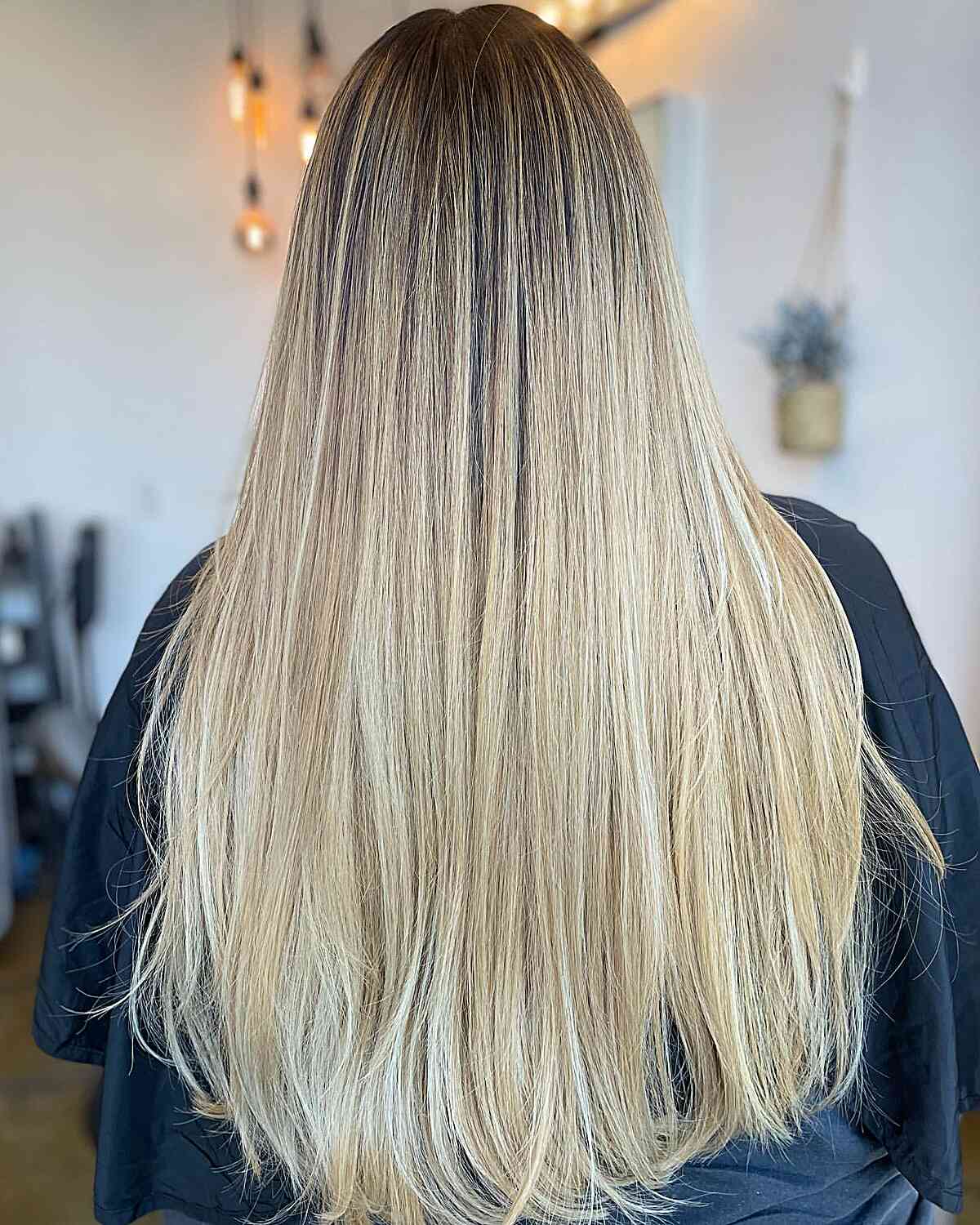 Long Straight Summer Blonde Balayage Hair with Dark Roots